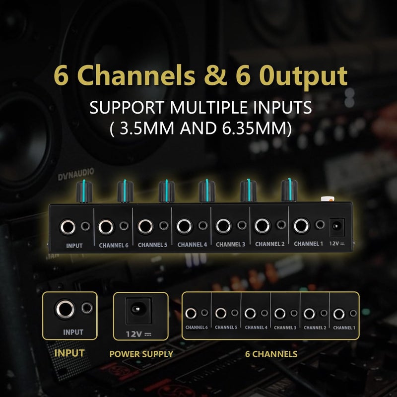 STABCL Headphone Amplifier 6 Channel, Stereo Headphone Amp with 3.5mm&6.35mm Input and Output, Metal Portable Studio Headphone Amp Splitter, Headphone Mixer with Mono and Stereo for Recording Studios - Image 3